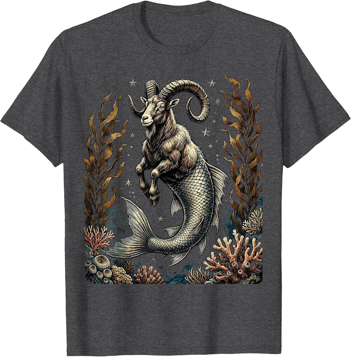 Men's Capricorn Zodiac Deep Sea Fish-Tailed Goat T-Shirt - Dark Heather Grey