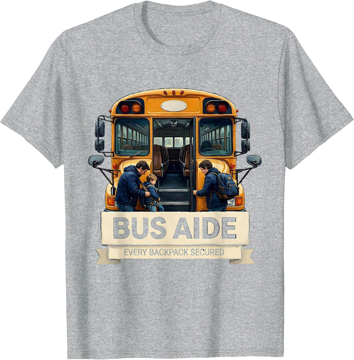 Men's Bus Aide Every Backpack Secured Funny School Bus Driver Back T-Shirt - Heather Grey