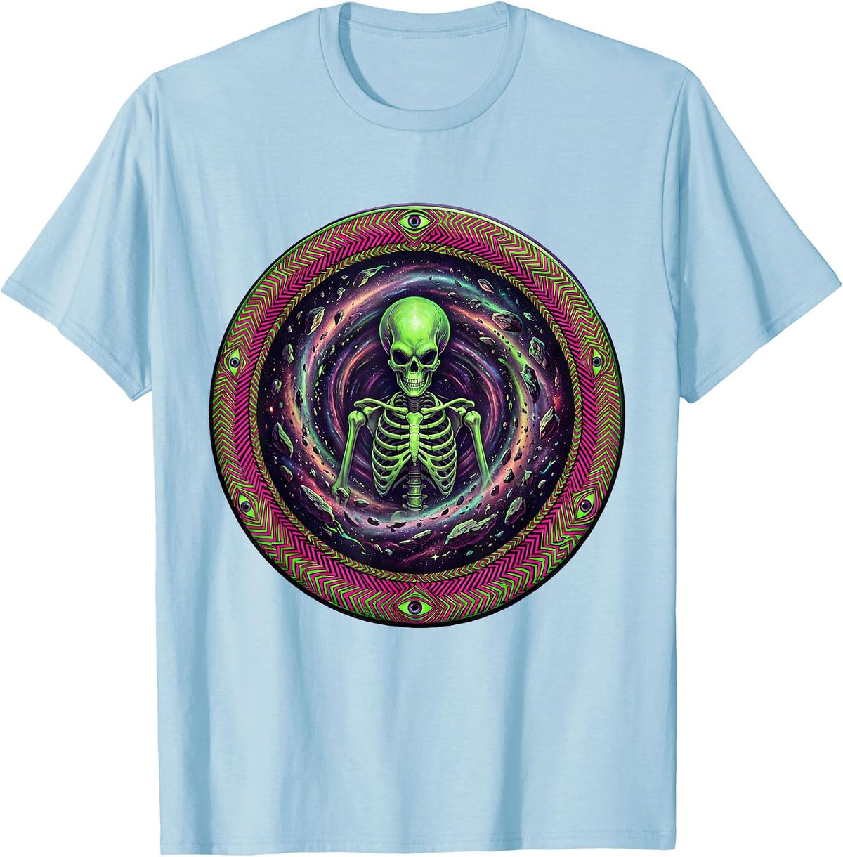 Men's Skeleton Alien Floating in Deep Space Debris T-Shirt - Baby Blue