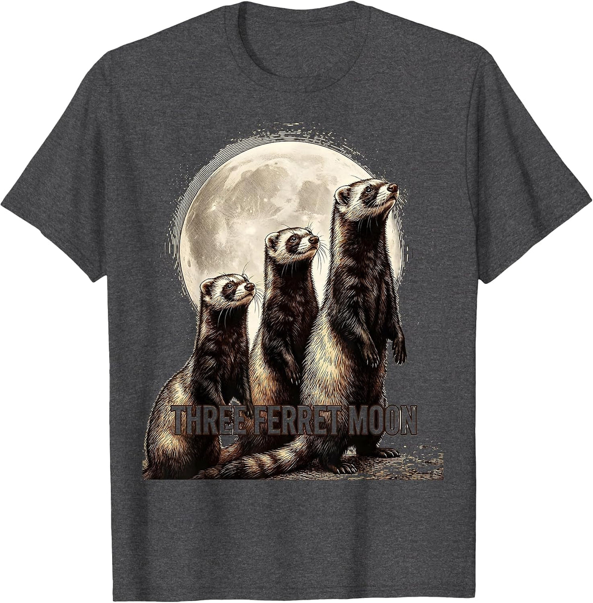 Three Ferret Moon Crosshatch Etching Ferret Lover Absurdist T-Shirt - Dark Heather Grey