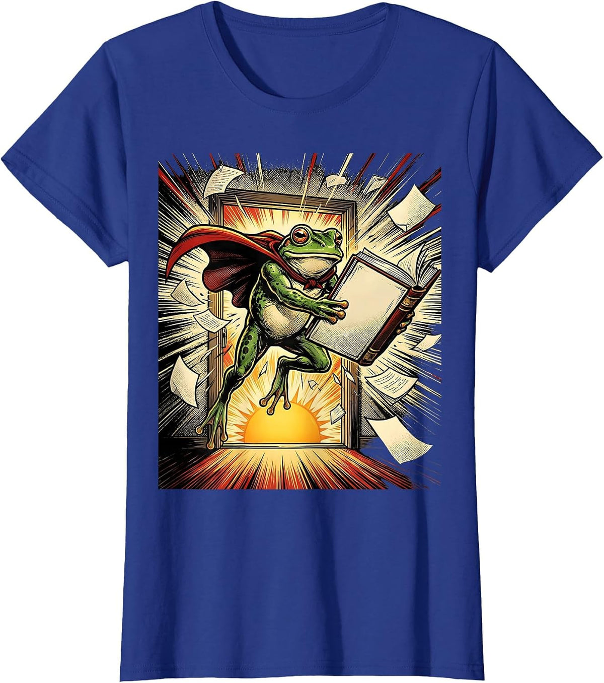 Women's Leaping Caped Frog Comic Book Teacher Back To School T-Shirt - Royal Blue
