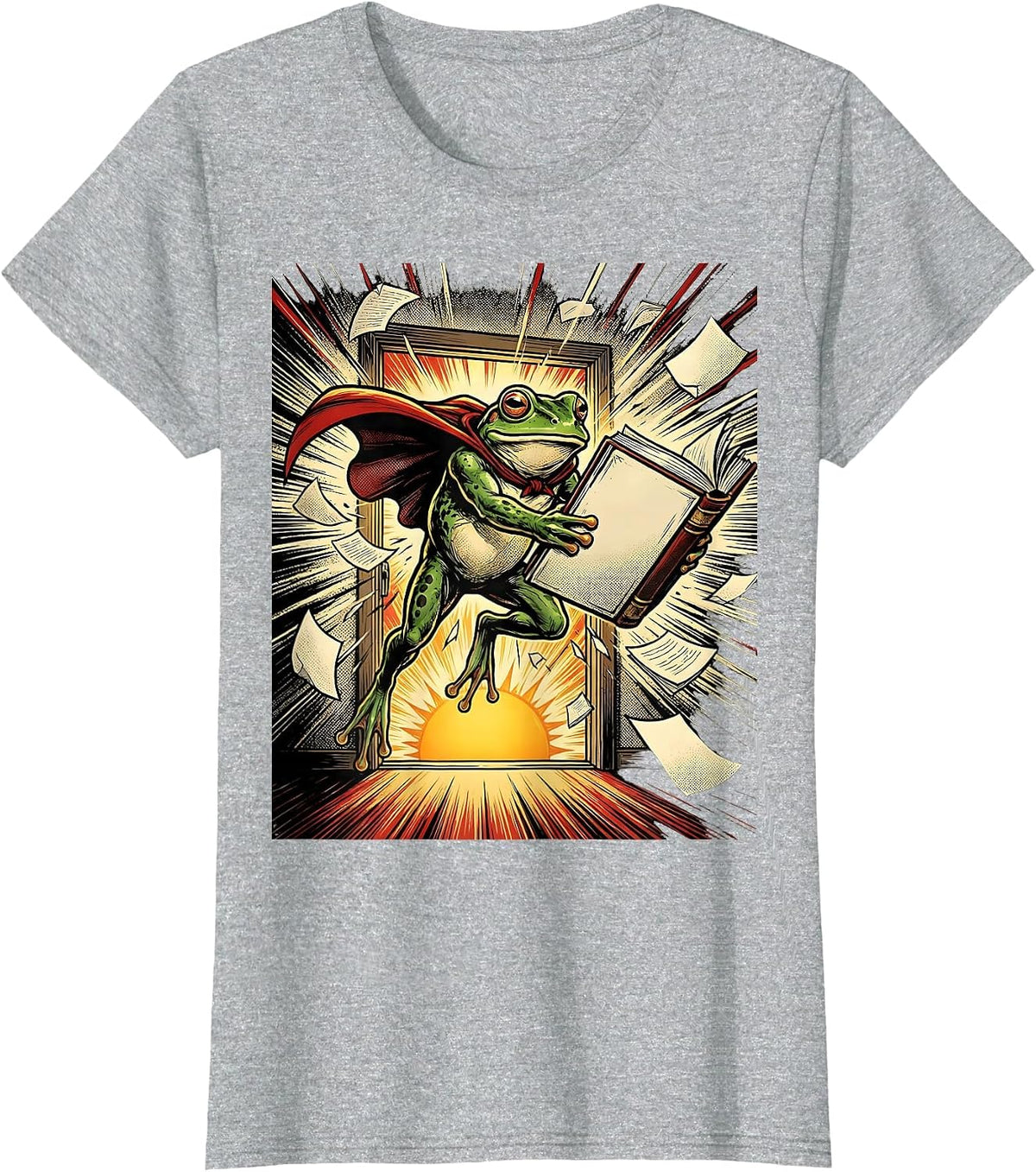 Women's Leaping Caped Frog Comic Book Teacher Back To School T-Shirt - Heather Grey