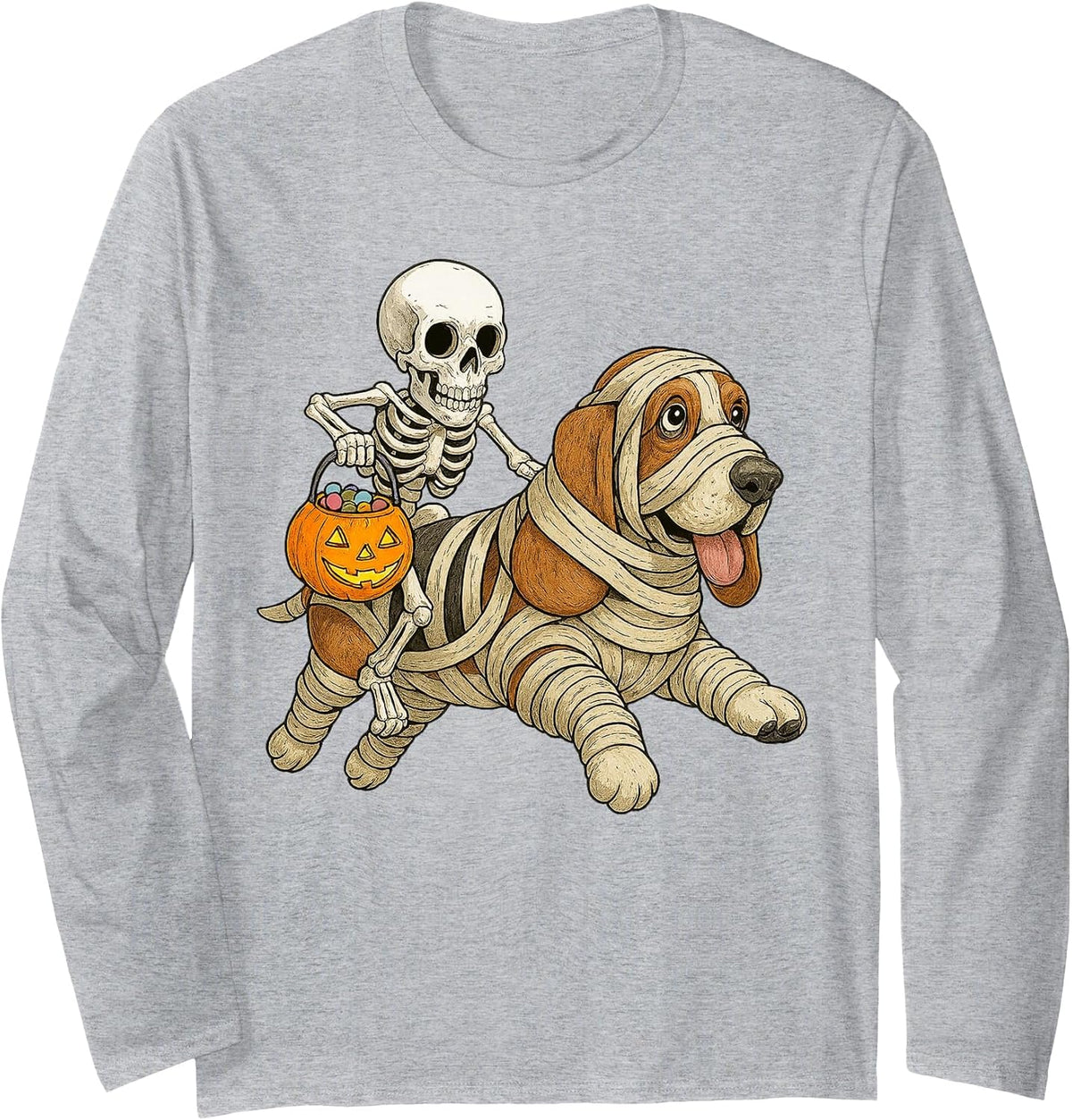 Skeleton Riding Mummy Basset Hound Dog Halloween Funny Long Sleeve T-Shirt - Adult Unisex Heather Grey