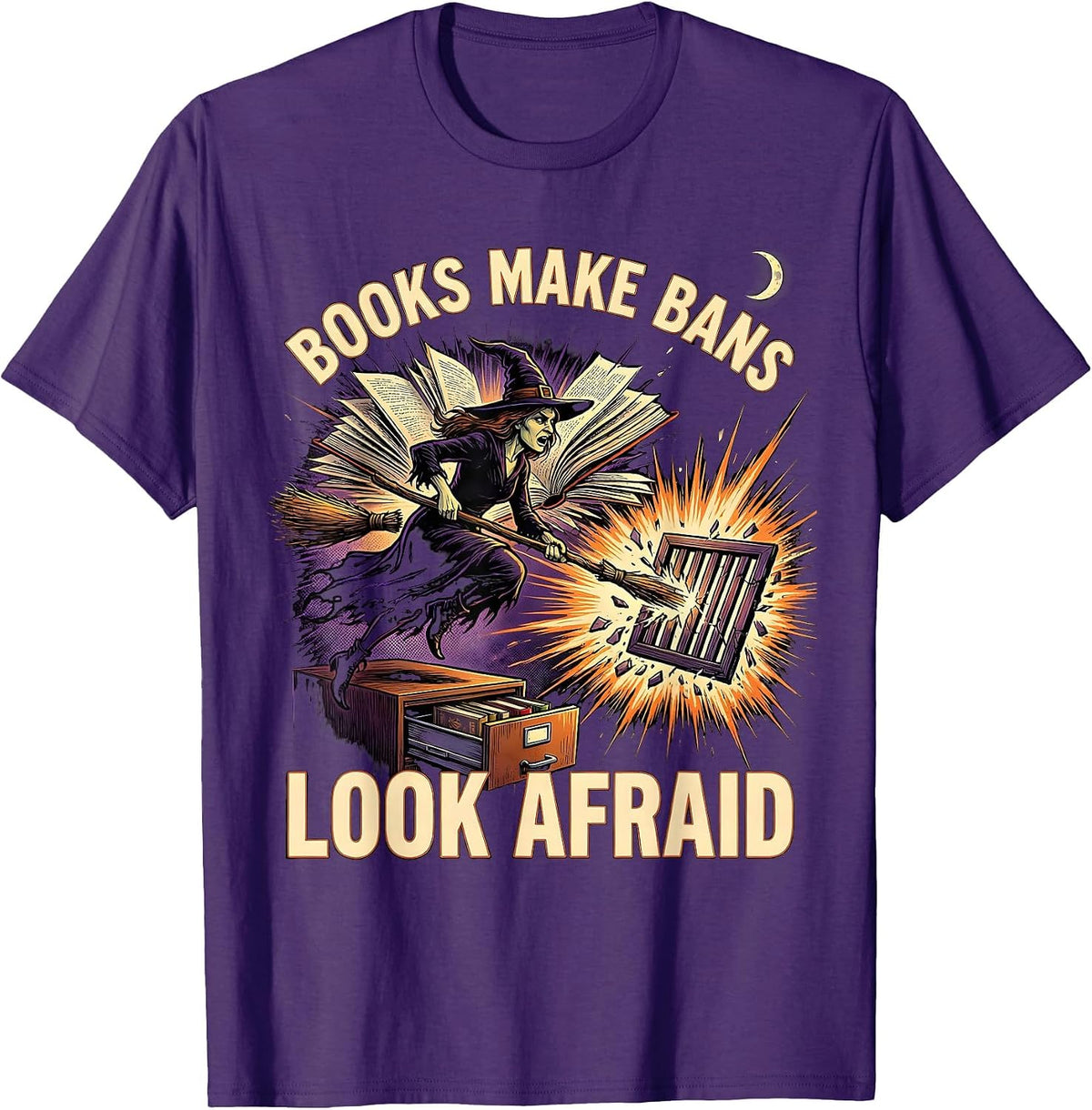 Men's Books Make Bans Look Afraid Comic Book Witch Halloween T-Shirt - Purple