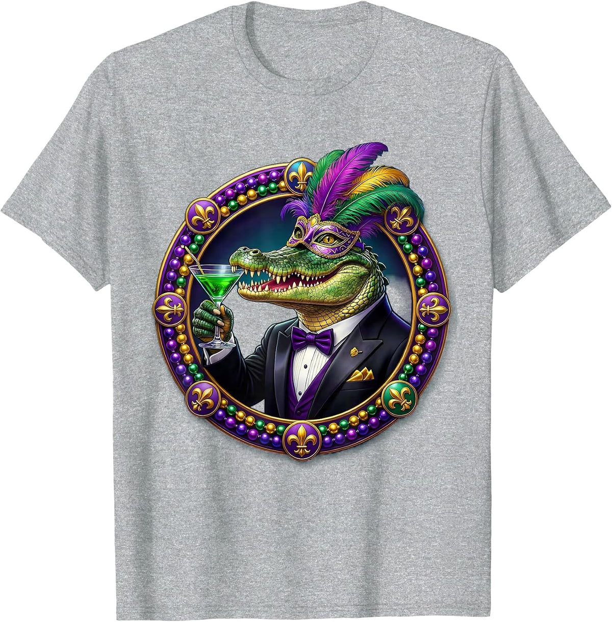 Men's Mardi Gras Alligator in Tuxedo Cocktail Design T-Shirt - Heather Grey