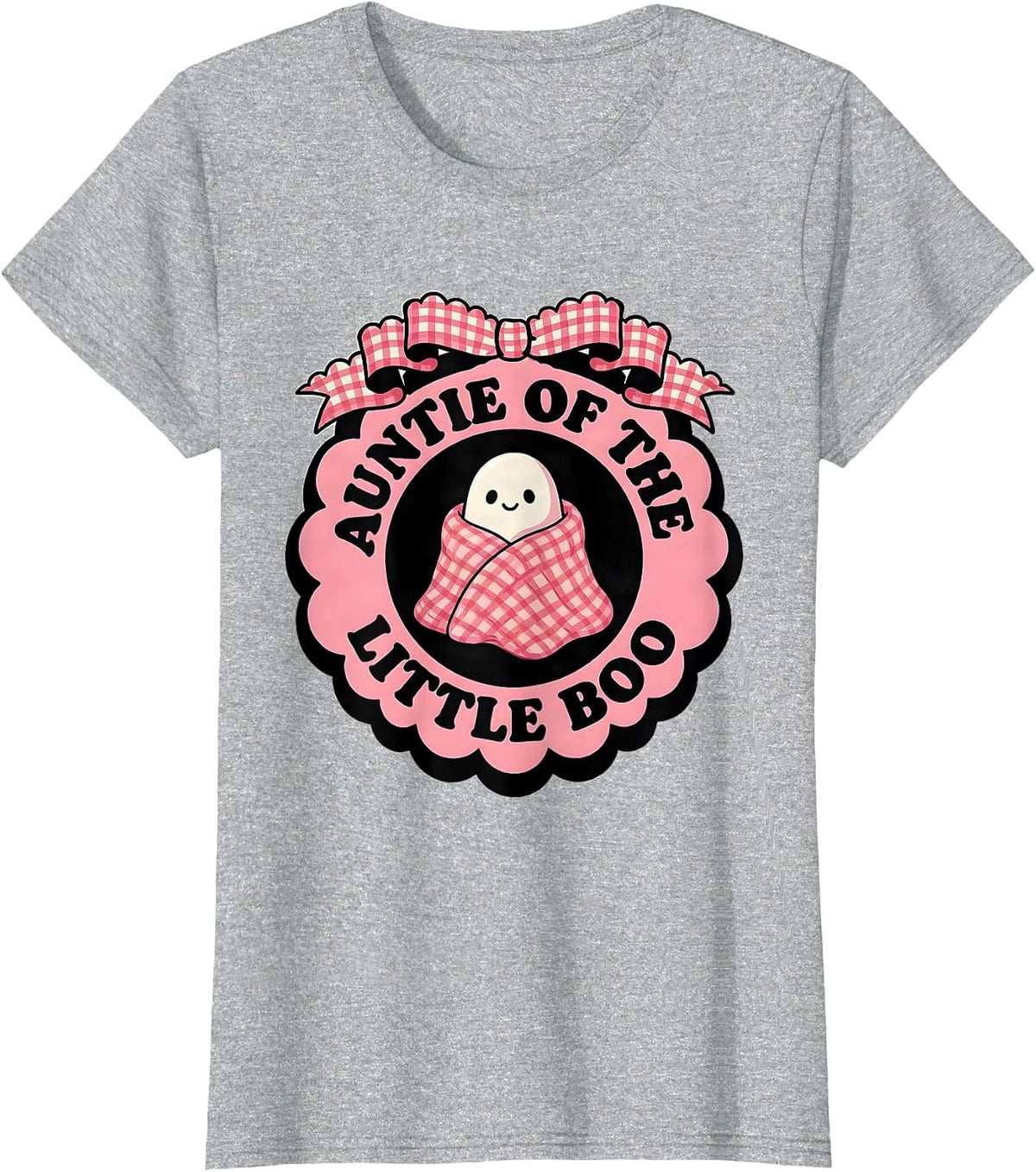 Auntie of the Little Boo Cute Gingham Picnic Halloween First T-Shirt - Heather Grey