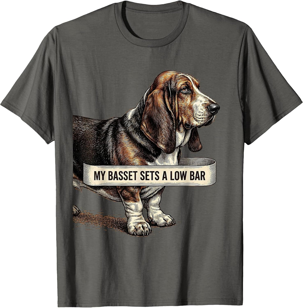 Men's My Basset Sets A Low Bar Funny Basset Hound Dog Lover Gift T-Shirt - Asphalt Grey