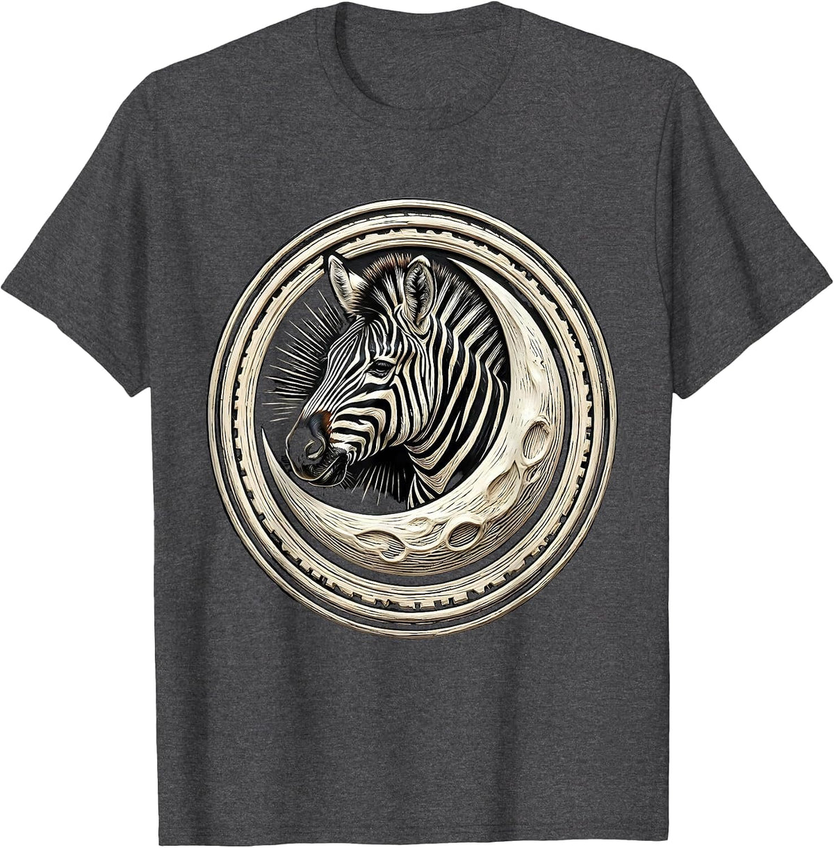 Zebra Head Crescent Moon Celestial Wildlife Art T-Shirt - Dark Heather Grey