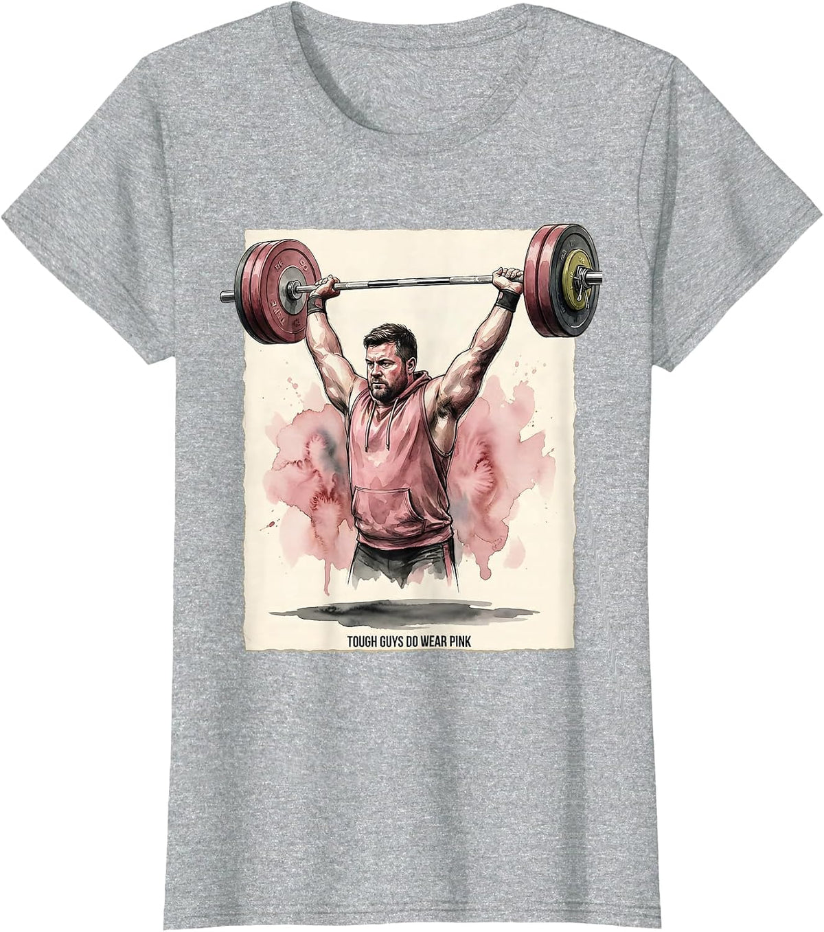 Women's Tough Guys Do Wear Pink Funny Weightlifter Watercolor Cancer T-Shirt - Heather Grey