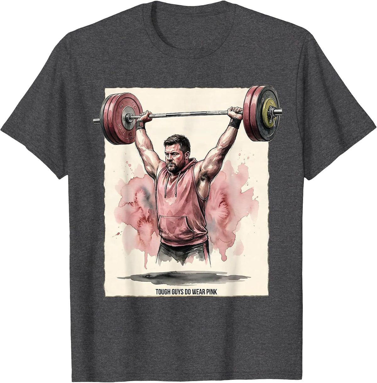 Men's Tough Guys Do Wear Pink Funny Weightlifter Watercolor Cancer T-Shirt - Dark Heather Grey