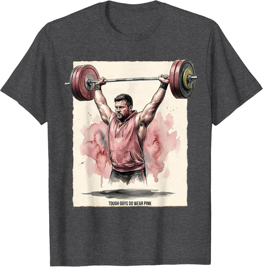 Men's Tough Guys Do Wear Pink Funny Weightlifter Watercolor Cancer T-Shirt - Dark Heather Grey
