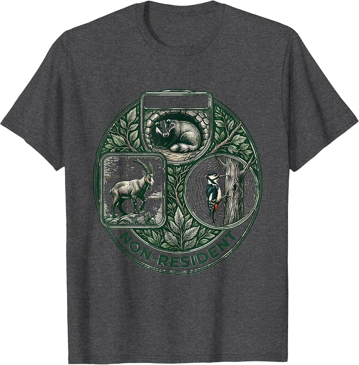 Non-Resident Toile Narrative Forest Wildlife Mountain Humor T-Shirt - Dark Heather Grey