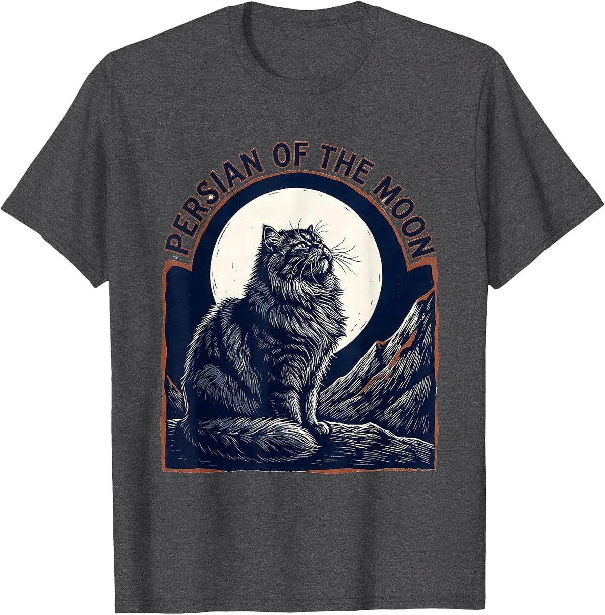 Men's Persian Of The Moon Linocut Cat Lover Retro Humor T-Shirt - Dark Heather Grey