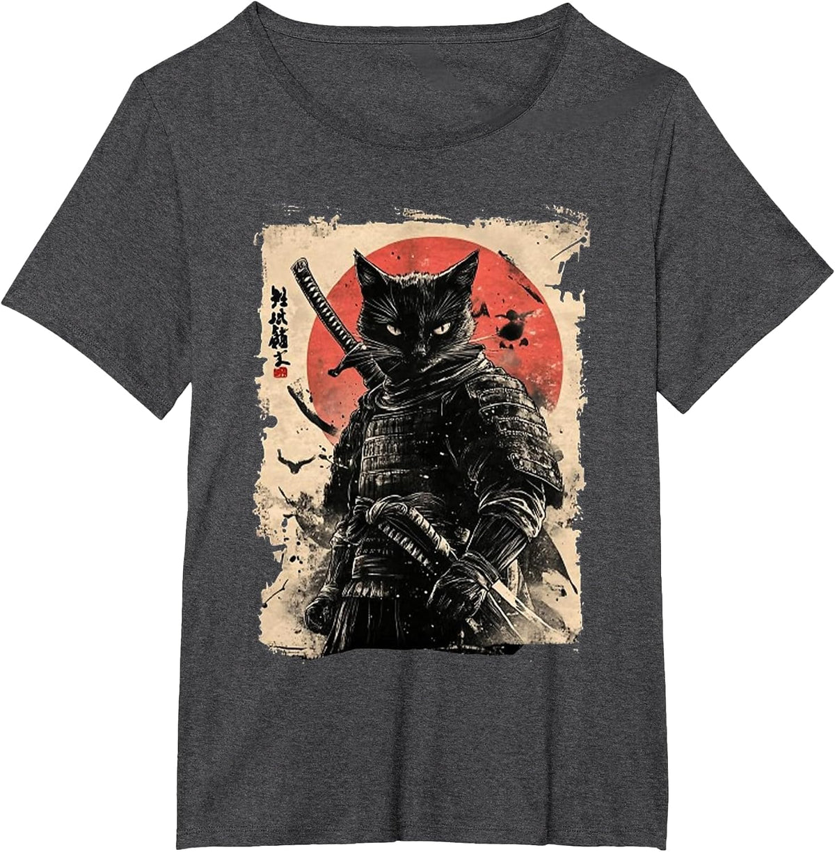 Vintage Japanese Art Anime Graphic Samurai Cat Warrior Tees T Shirts - Dark Heather Grey