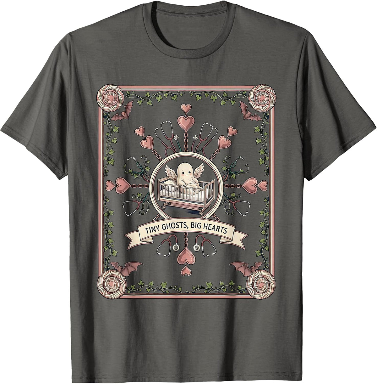 Tiny Ghosts Big Hearts Halloween NICU Nurse Design T-Shirt - Asphalt Grey
