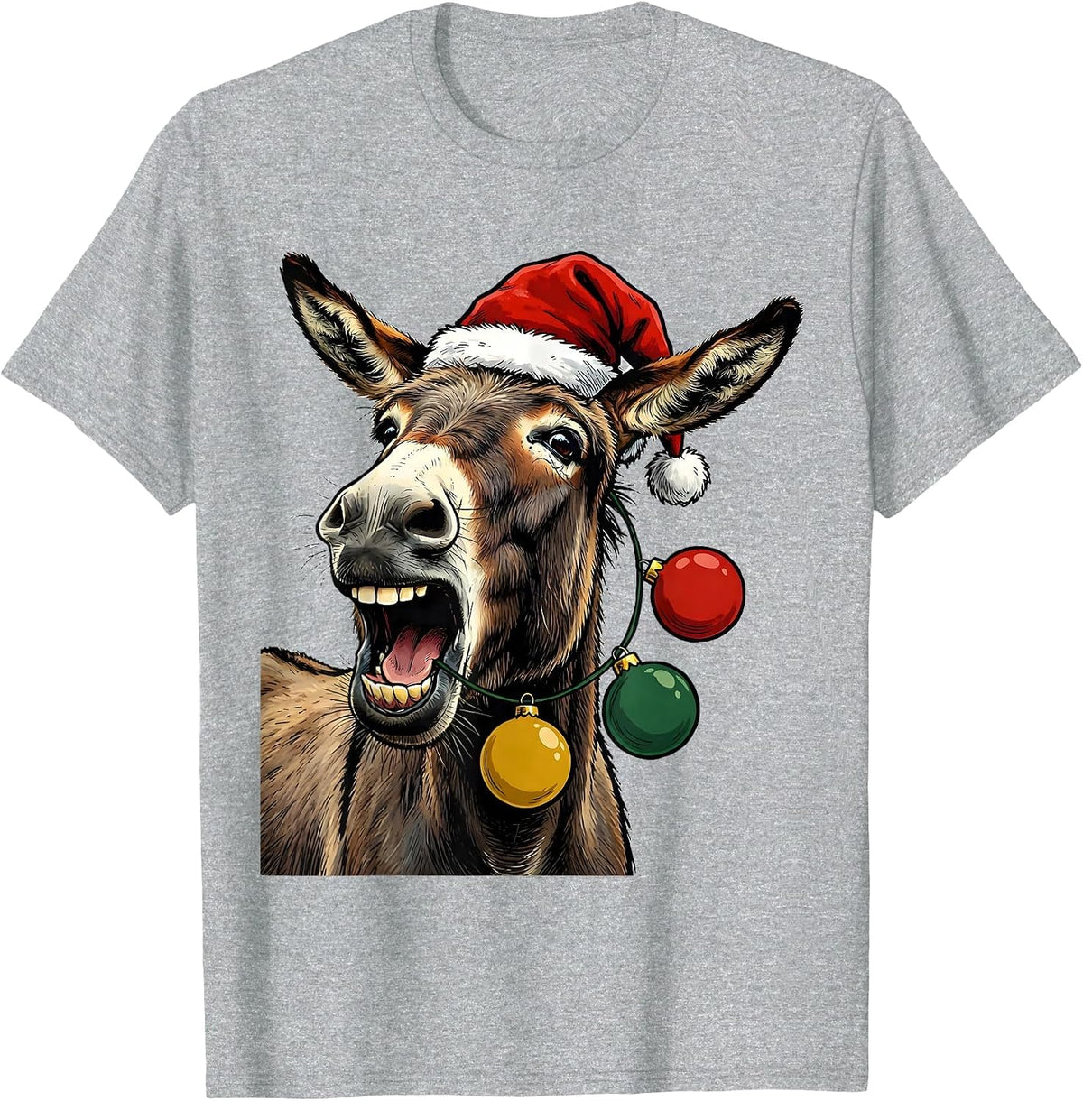 Men's Donkey Santa Hat Whimsical Farm Animal Christmas Novelty T-Shirt - Heather Grey