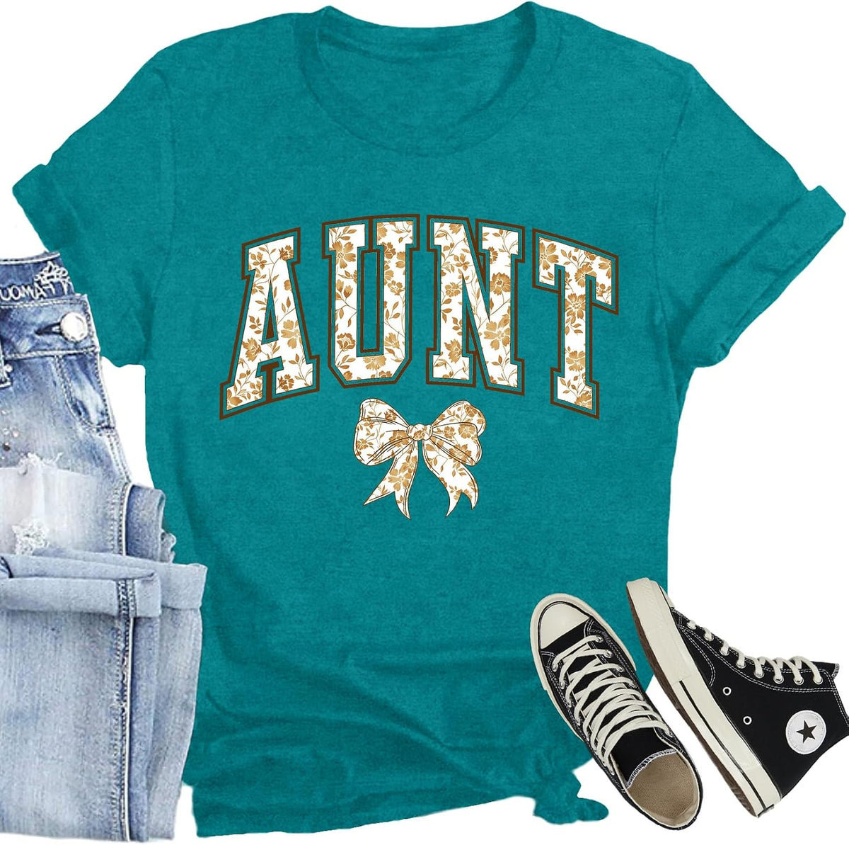 Aunt Shirts for Women Cute Auntie T-Shirts Bow Floral Auntie Gifts Tee - Green