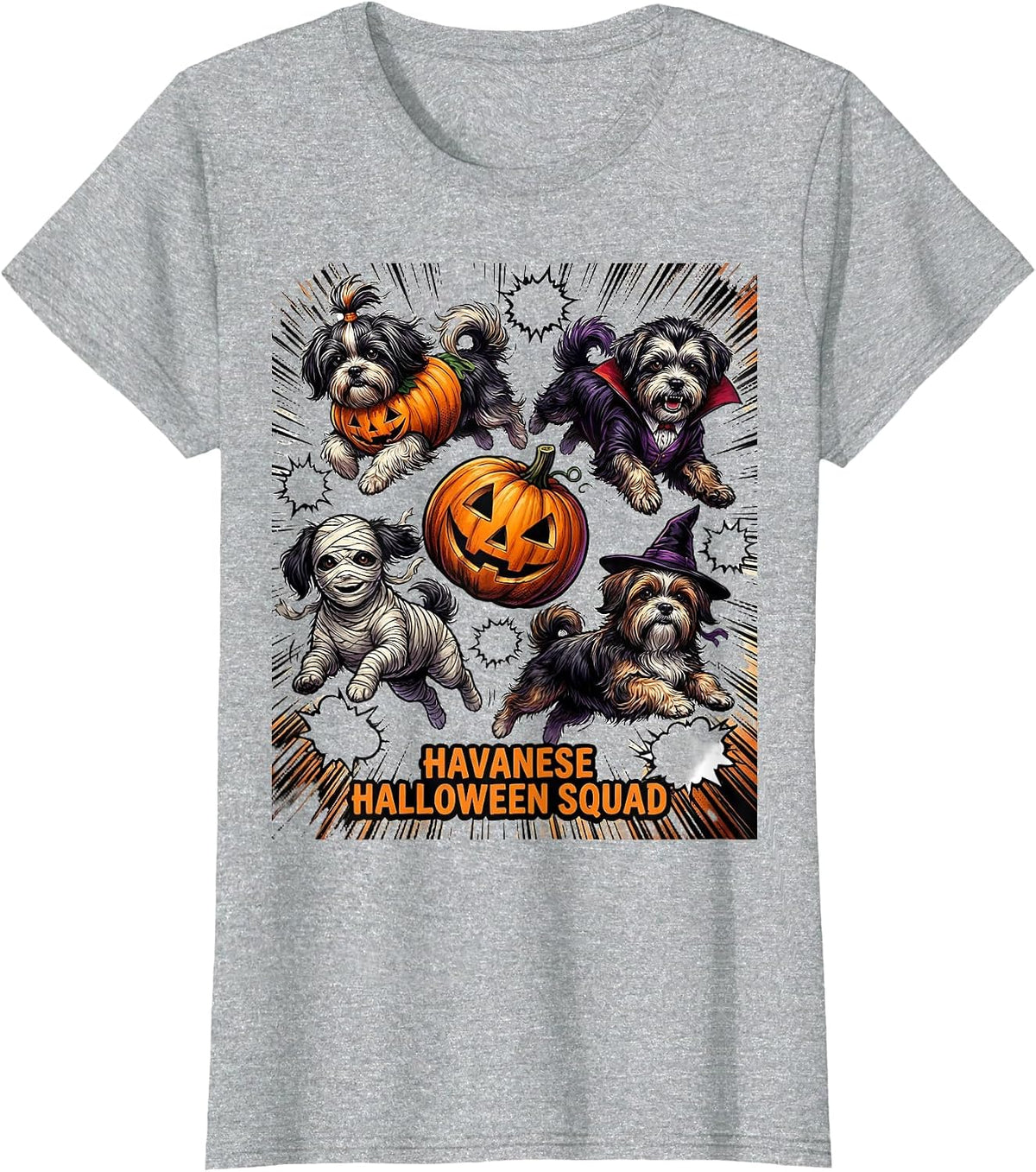 Havanese Halloween Squad Comic Book Dog Breed Costume T-Shirt, Women, Heather Grey, Large - As Pictured