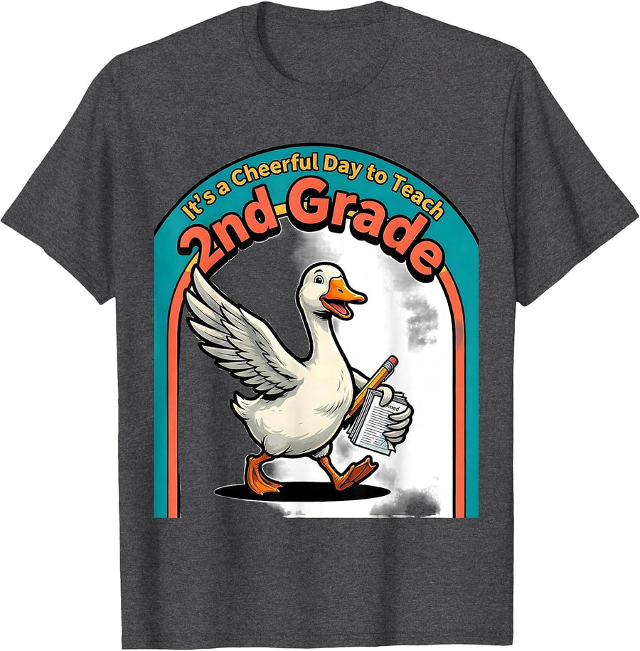 Men's It's a Cheerful Day to Teach 2nd Grade Whimsical Humor T-Shirt - Dark Heather Grey