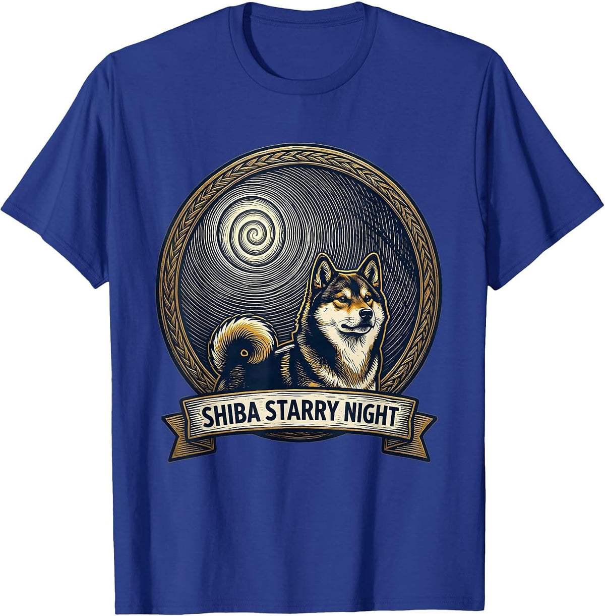 Men's Shiba Starry Night Woodcut Engraving Pet Lover Funny Van T-Shirt - Royal Blue