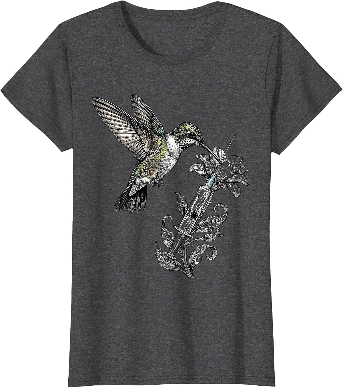 Women's NICU Nurse Hummingbird Syringe Floral Design T-Shirt - Dark Heather Grey