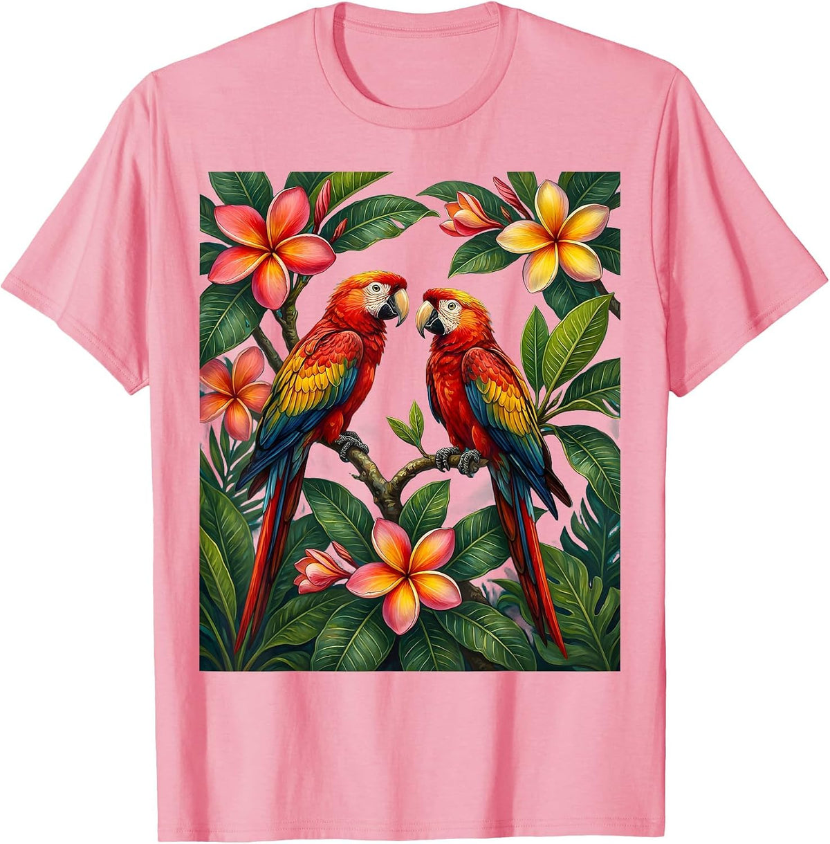 Men's Tropical Parrots Plumeria Hawaiian Floral Design T-Shirt - Pink