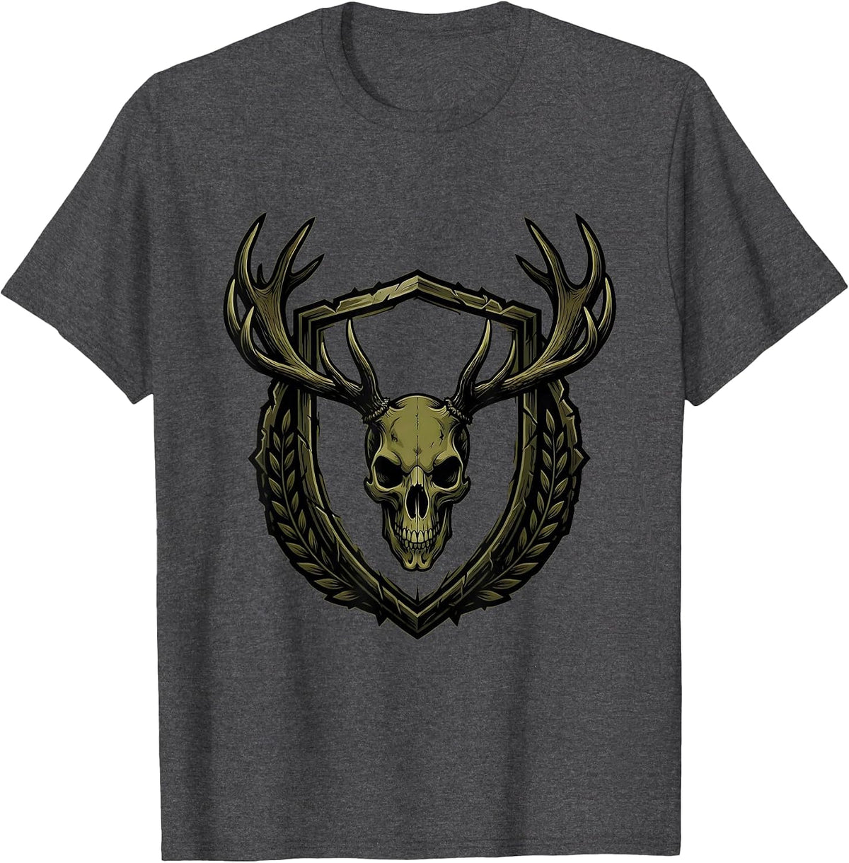 Camo Skull Elk Antlers Hunting Graphic Design T-Shirt - Dark Heather Grey