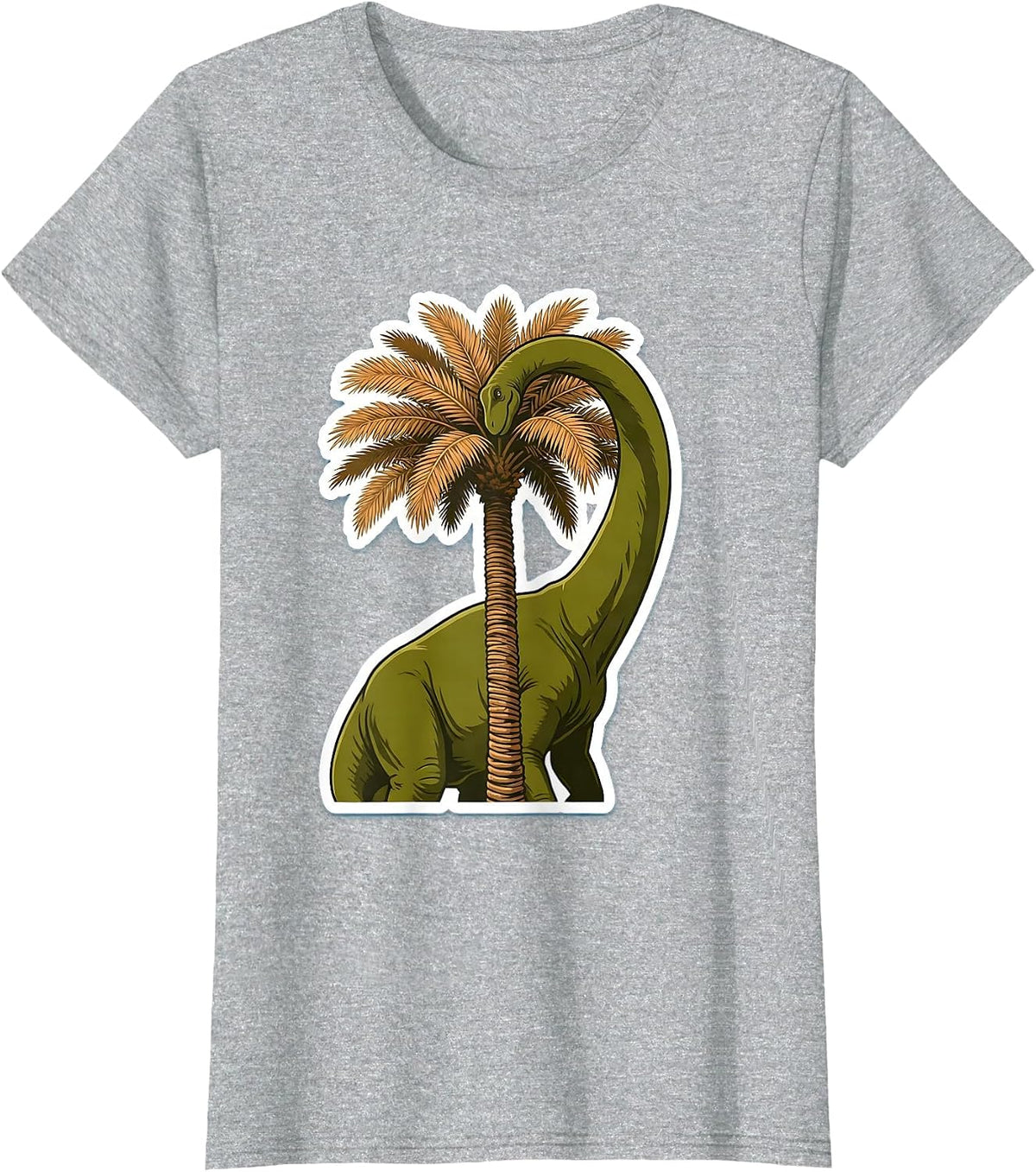 Diplodocus Dinosaur Eating From Tall Palm Tree T-Shirt - Heather Grey