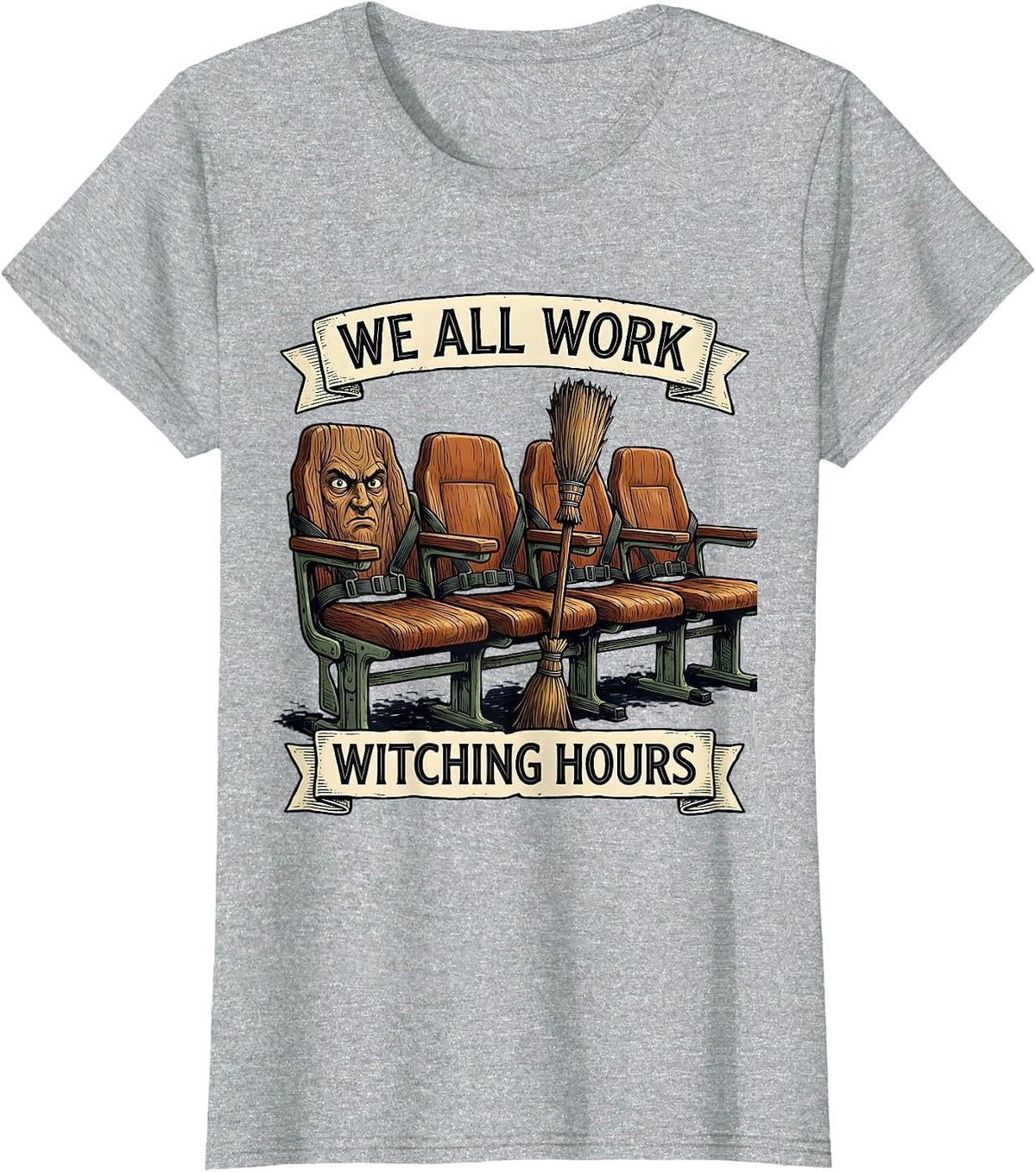 Women's We All Work Witching Hours Funny School Bus Driver Halloween T-Shirt - Heather Grey