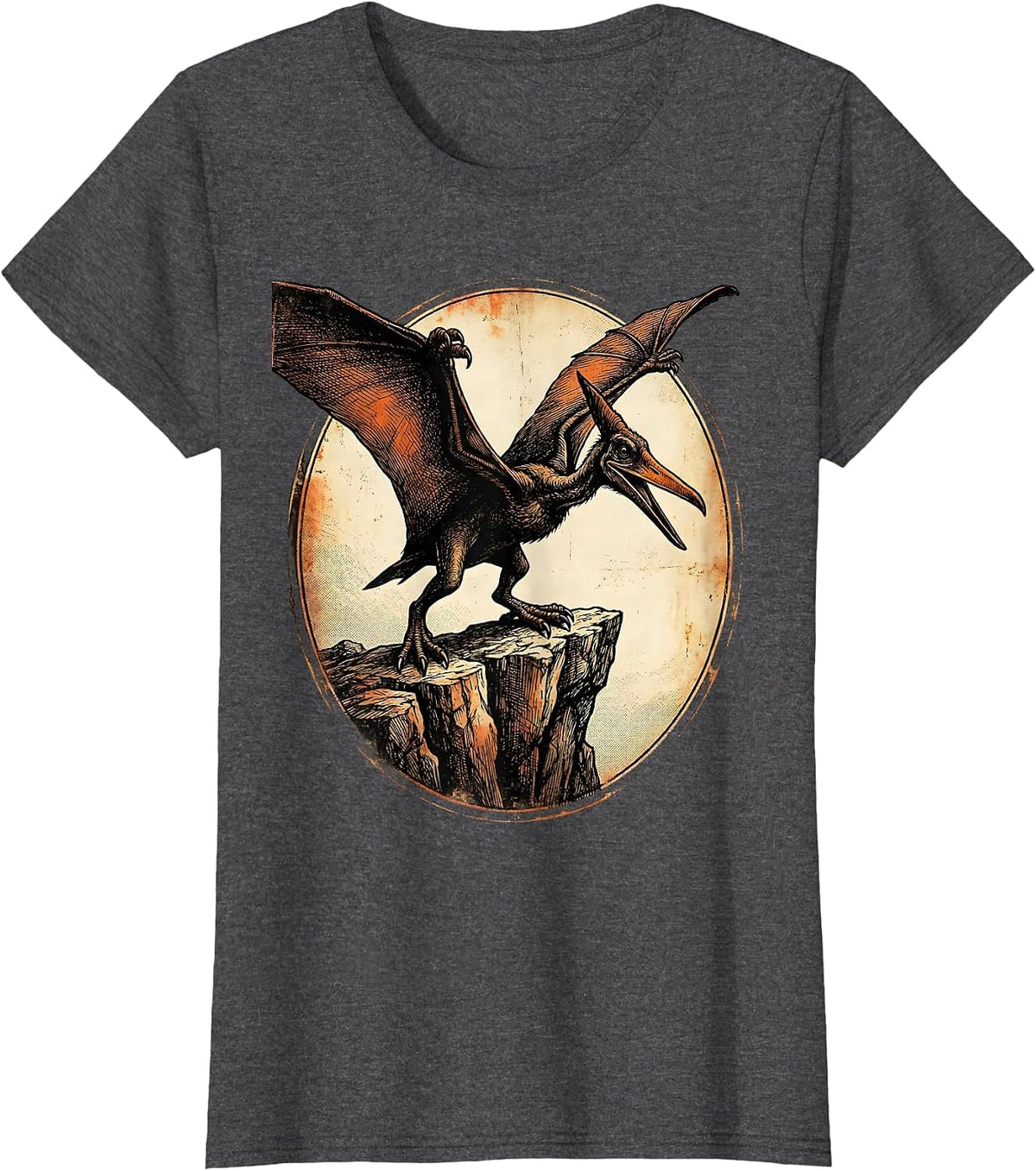 Women's Pterodactyl Cliff Perch Prehistoric Dinosaur Design T-Shirt - Dark Heather Grey