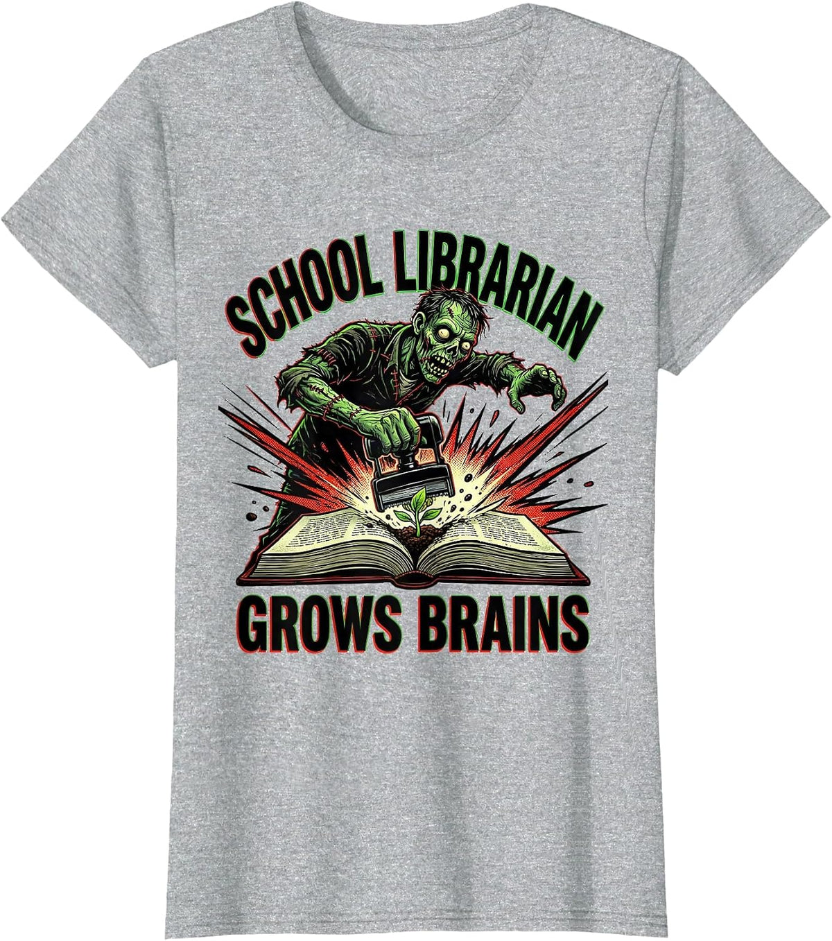 Women's School Librarian Grows Brains Comic Book Zombie Teacher T-Shirt - Heather Grey