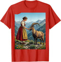 Dirndl Woman Feeding Mountain Goat Illustration T-Shirt - Red