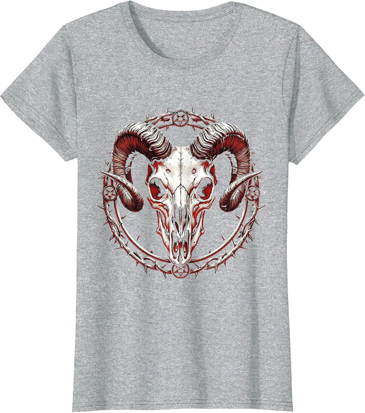 Demonic Goat Skull Curved Horns Horror Art T-Shirt - Heather Grey