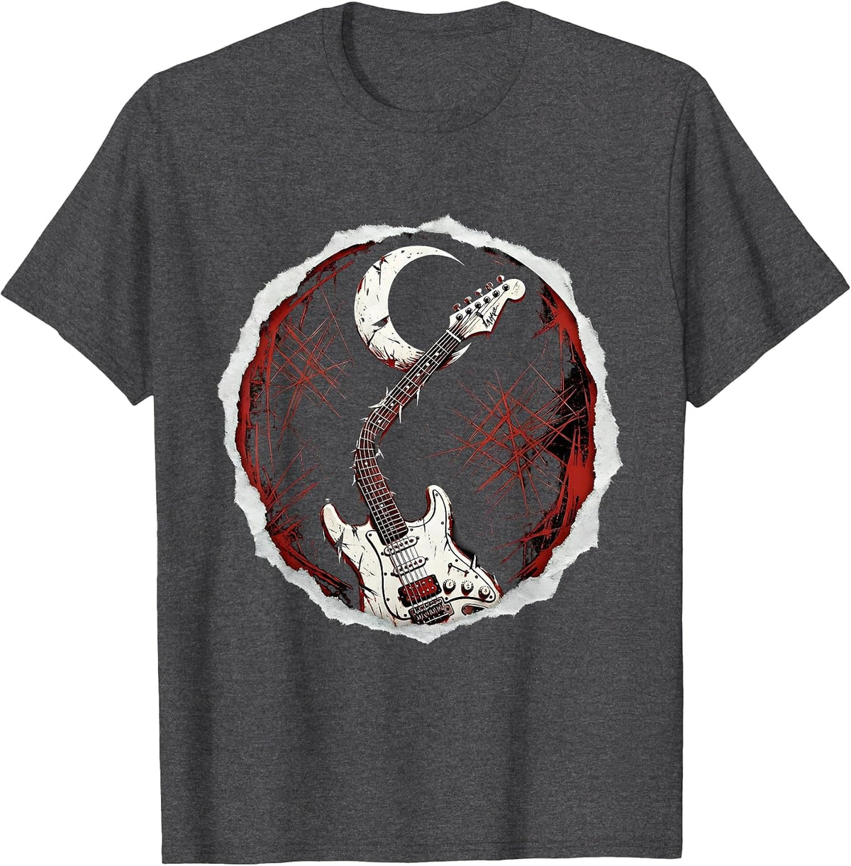 Guitar Neck Crescent Moon Celestial Music Art T-Shirt - Dark Heather Grey