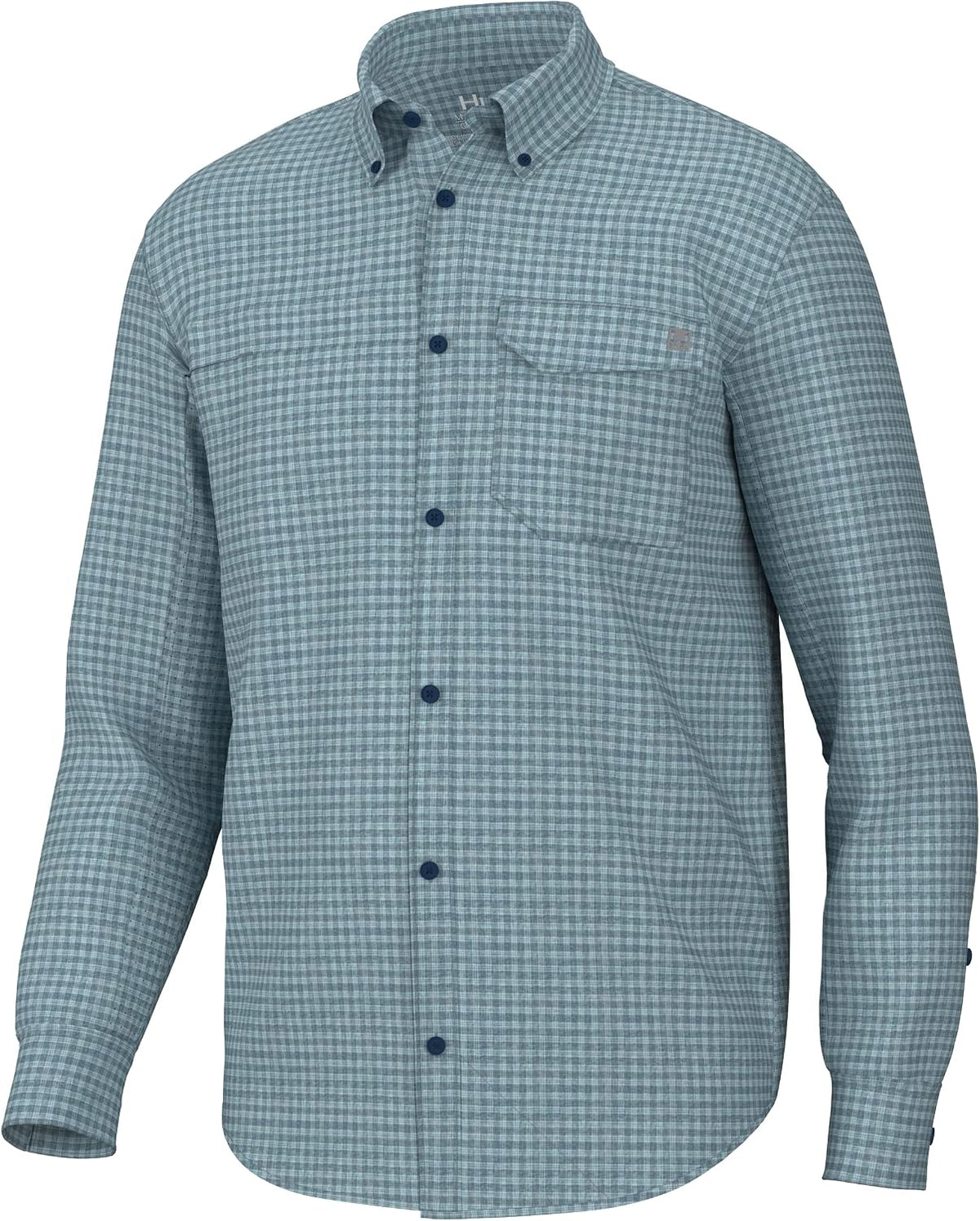 HUK Men's Tide Point Pattern Long Sleeve Shirt, Fishing Button Down - Mini Check - Set Sail