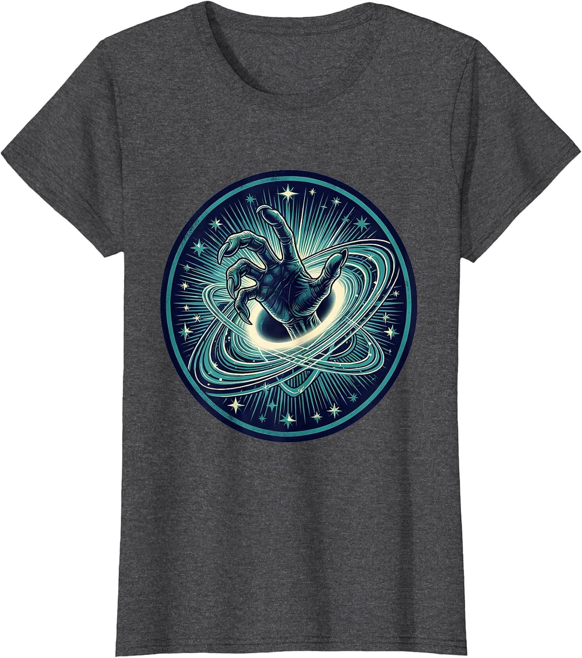 Women's Alien Hand Reaching Through Starry Portal T-Shirt - Dark Heather Grey