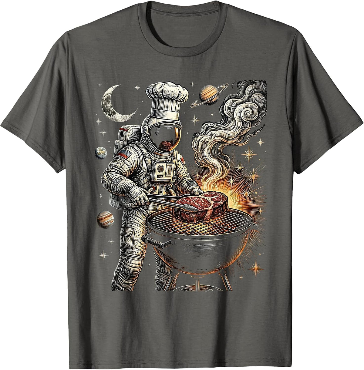 Astronaut Chef Grilling in Outer Space Design T-Shirt - Asphalt Grey