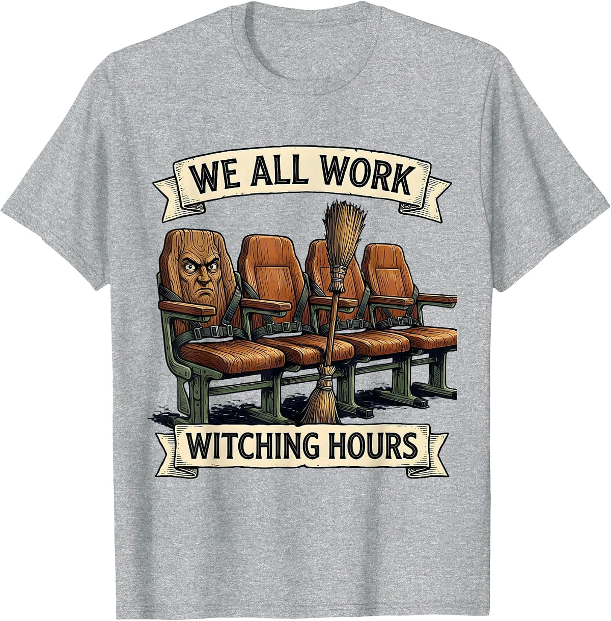 Men's We All Work Witching Hours Funny School Bus Driver Halloween T-Shirt - Heather Grey