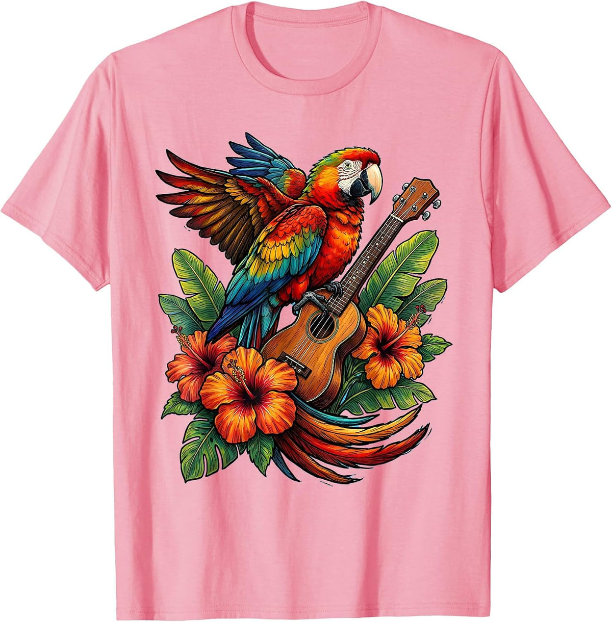 Men's Colorful Parrot on Ukulele Hawaiian Design T-Shirt - Pink