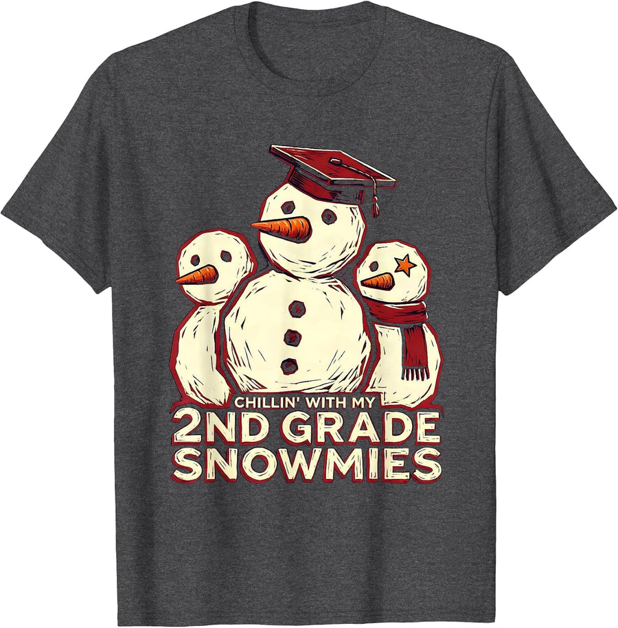 Men's Chillin With My 2nd Grade Snowmies Funny Teacher Christmas T-Shirt - Dark Heather Grey
