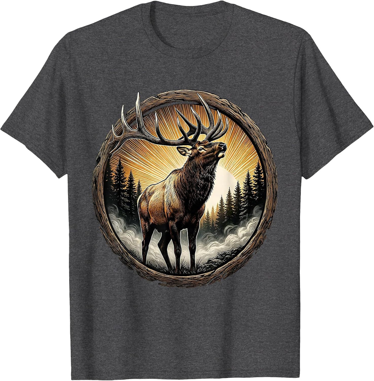 Bull Elk Bugling at Dawn Fog Fall Wildlife Design T-Shirt - Dark Heather Grey