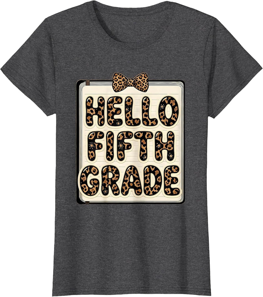 Women's Hello Fifth Grade Leopard Teacher Back To School Girl T-Shirt - Dark Heather Grey