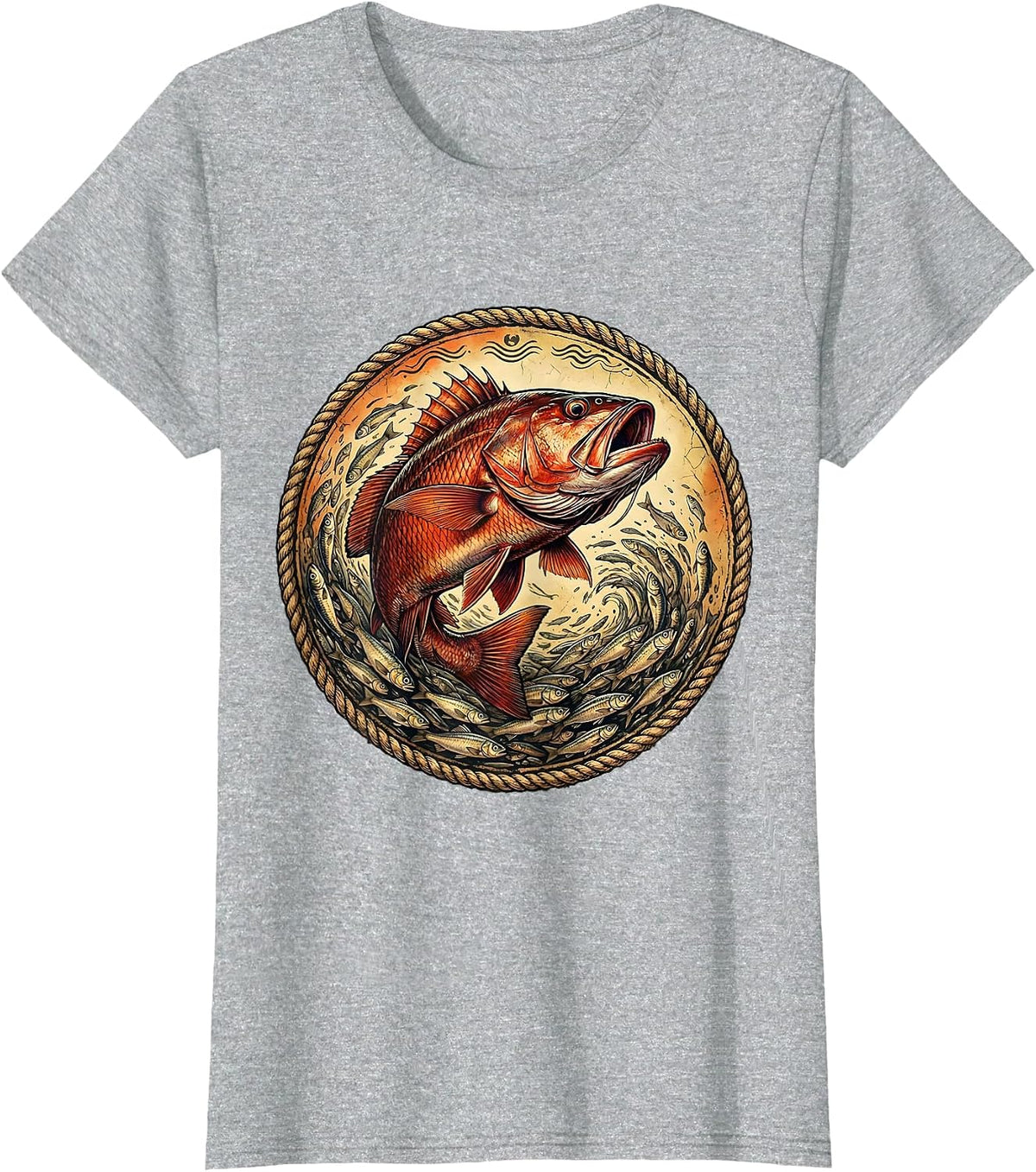 Red Snapper Bursting Through Baitfish Gulf Art T-Shirt - Heather Grey