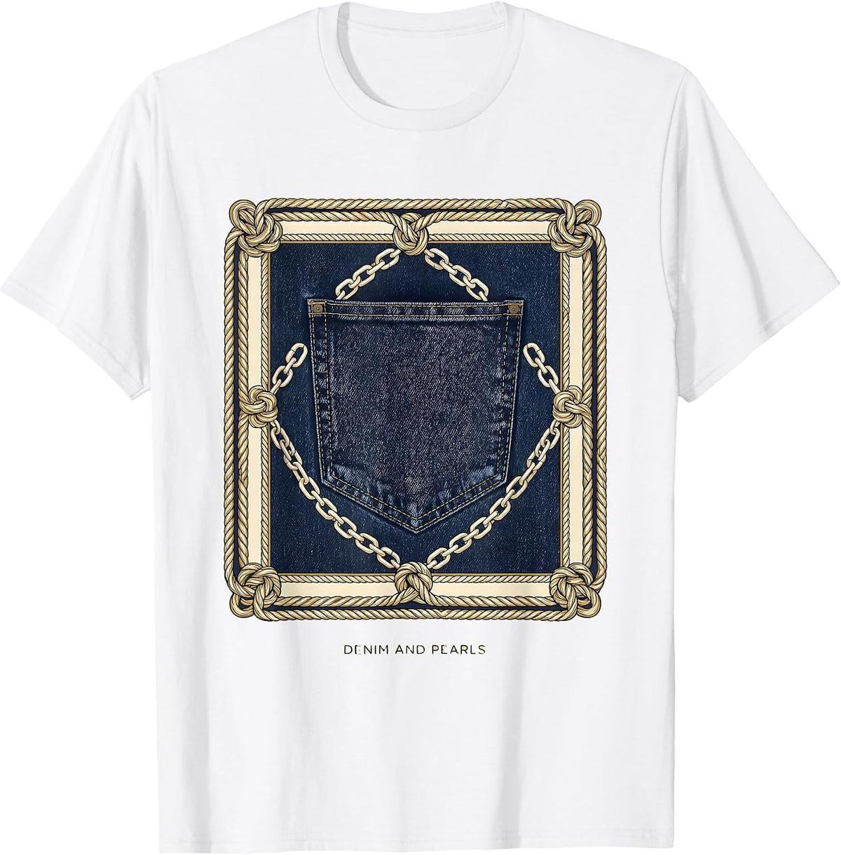 Men's Denim And Pearls Glam Vintage Ladies Party Top T-Shirt - White