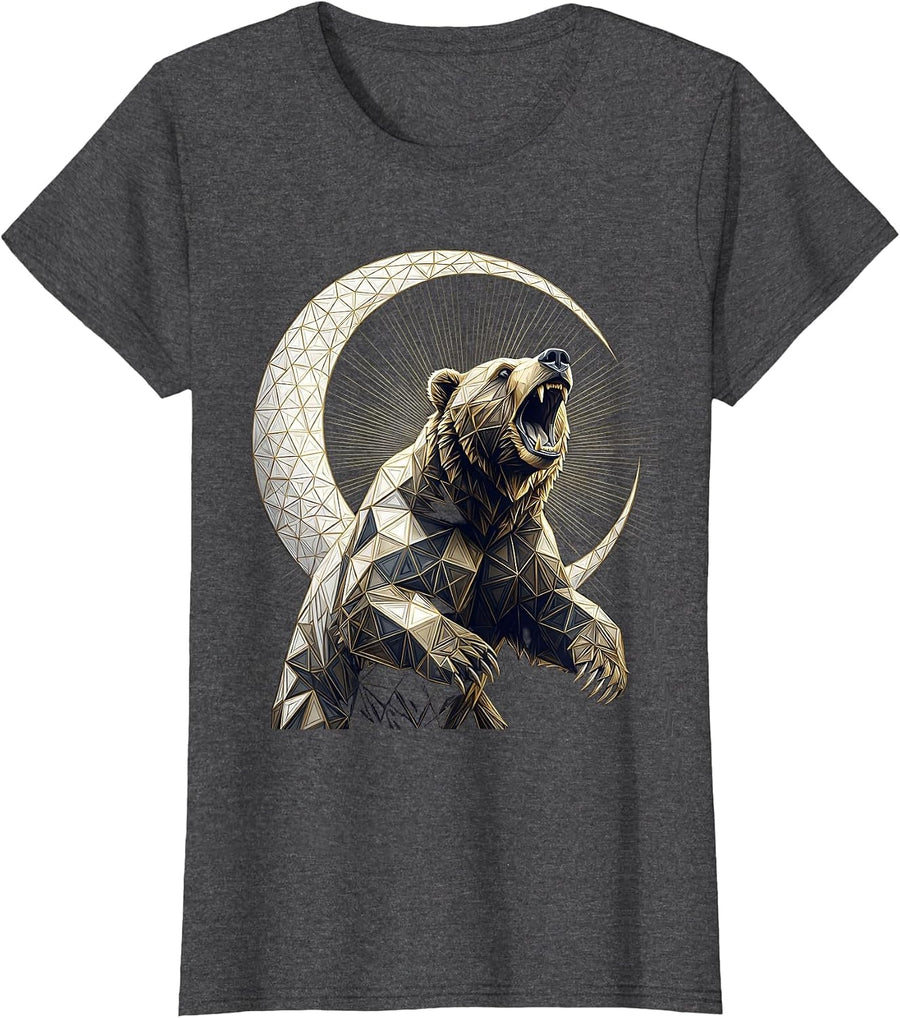 Women's Bear Roaring at Crescent Moon Graphic Tee T-Shirt - Dark Heather Grey