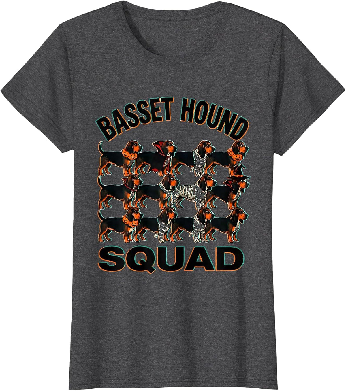 Women's Basset Hound Squad Halloween Pumpkin Vampire Mummy Witch Dog T-Shirt - Dark Heather Grey