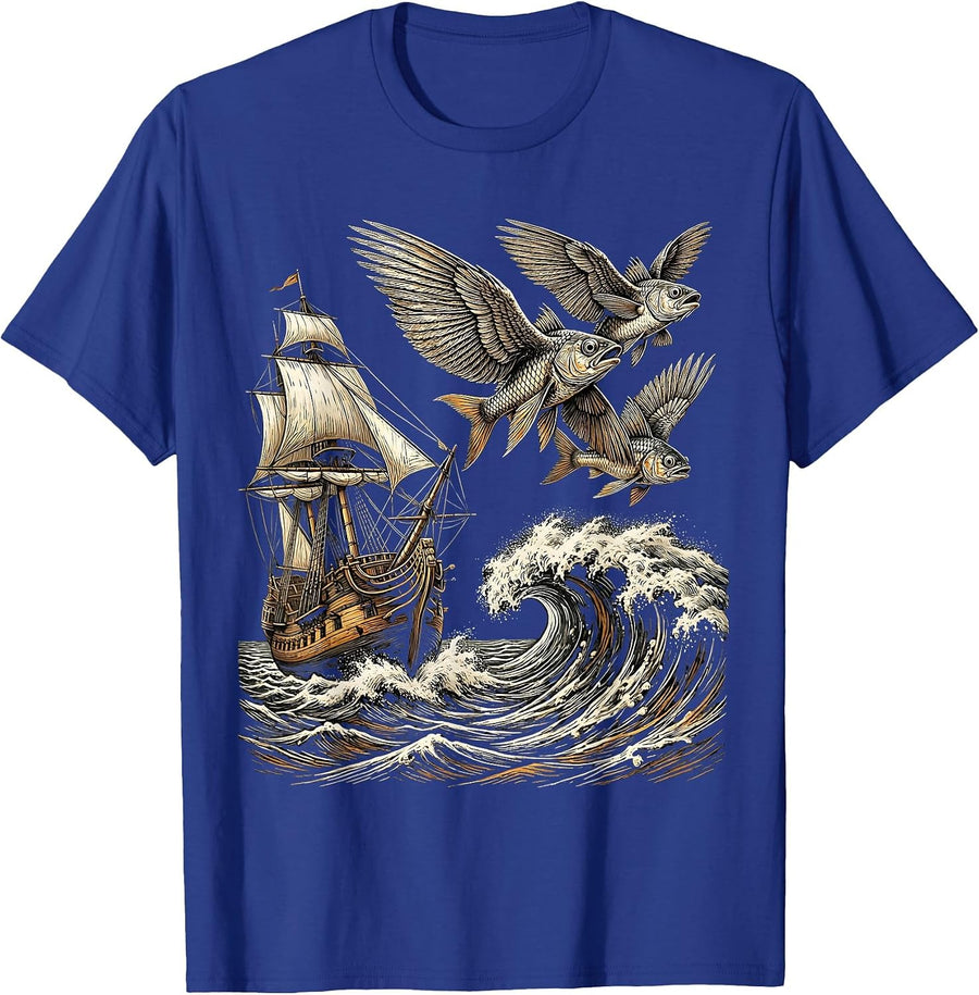 Flying Fish Leaping Over Ship Bow Wake Cruise T-Shirt - Royal Blue