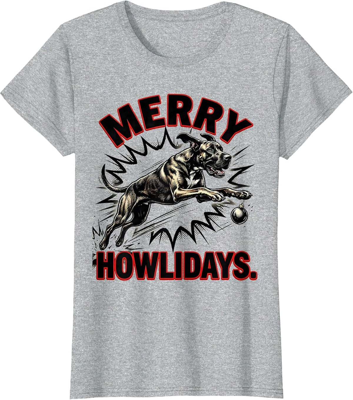 Women's Merry Howlidays Comic Book Great Dane Christmas Dog Lover T-Shirt - Heather Grey