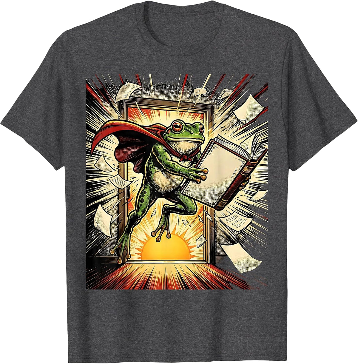Leaping Caped Frog Comic Book Teacher Back To School T-Shirt, Men, Dark Heather Grey, Small - As Pictured