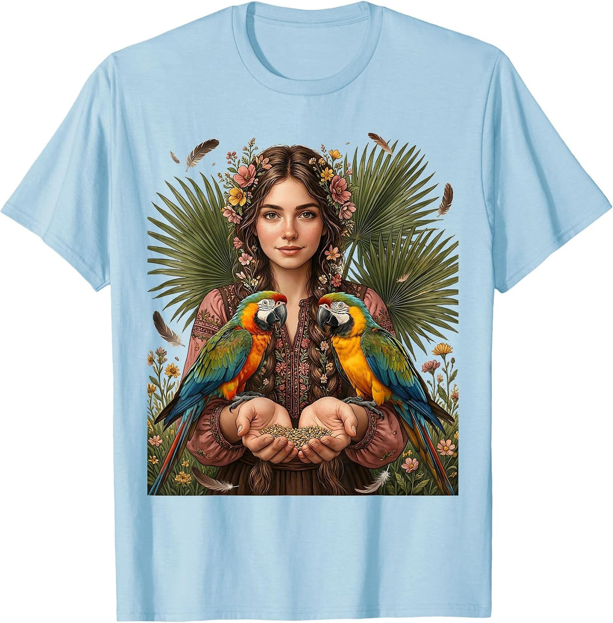 Men's Mexican Girl With Braids Feeding Colorful Parrots T-Shirt - Baby Blue